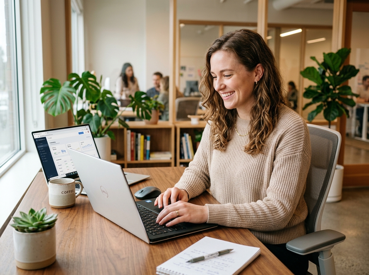 Professional American woman working comfortably with ByteShield protection
