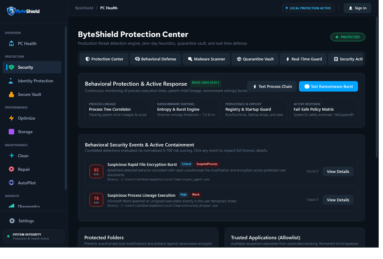 ByteShield Protected Folders and Secure Vault UI