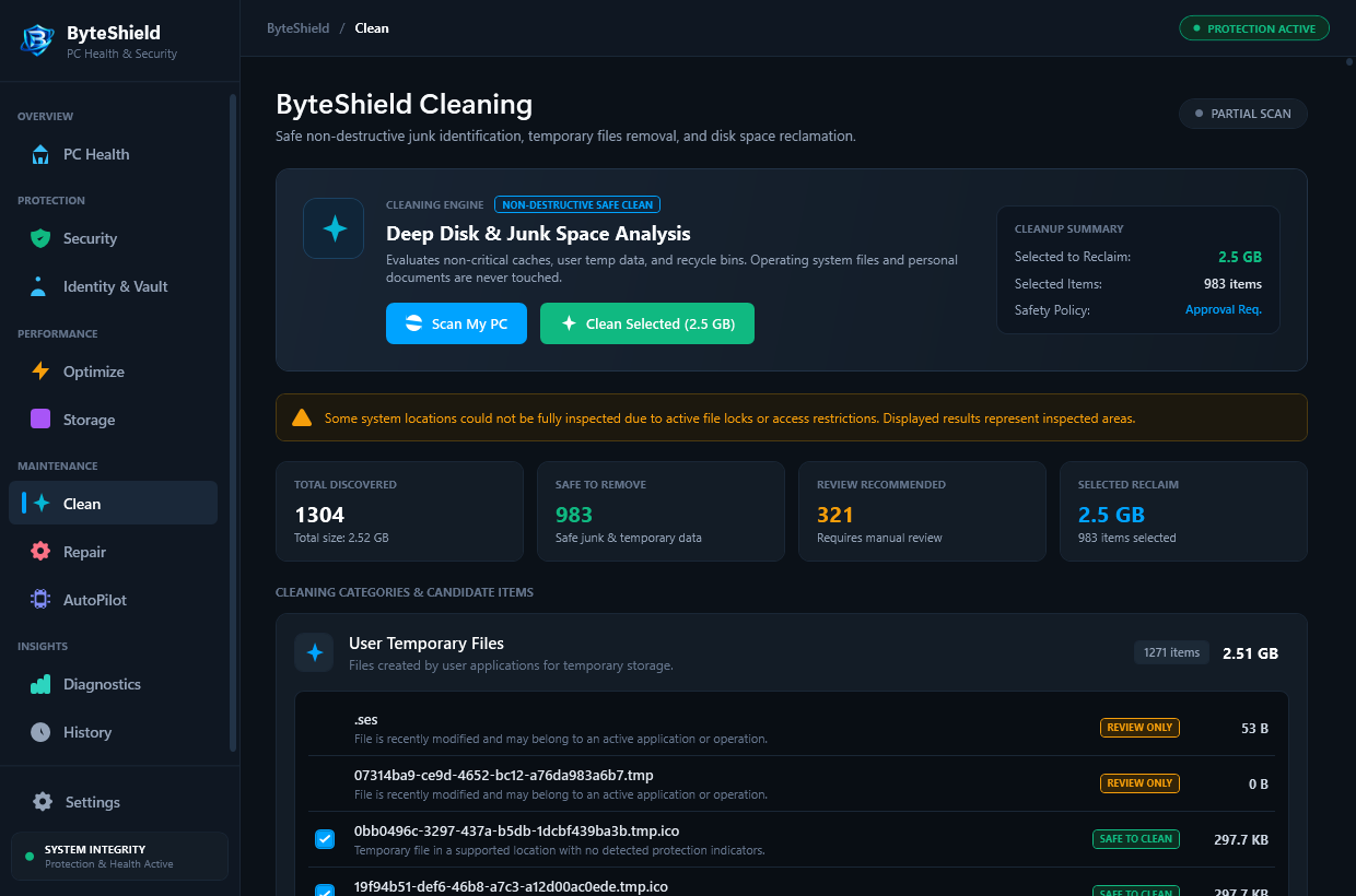 ByteShield System Cleaner Interface