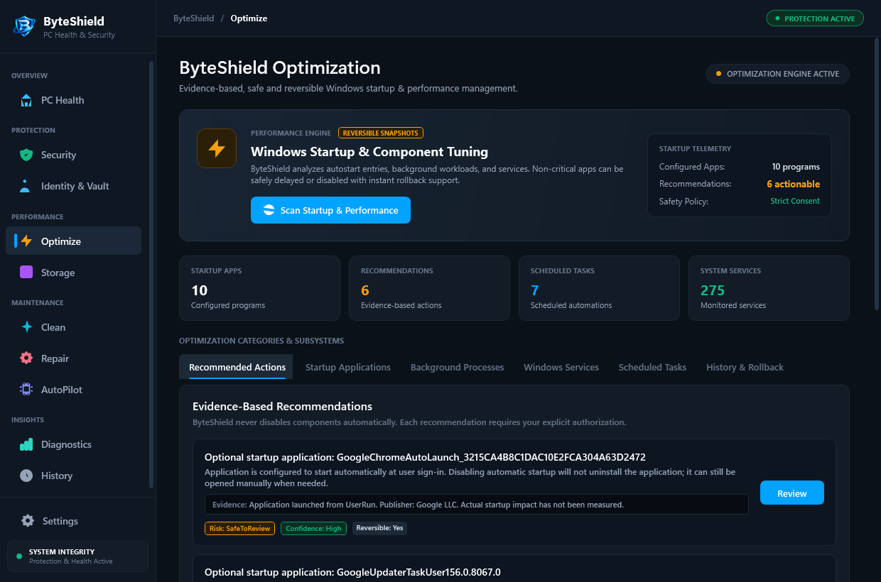 ByteShield Performance Optimizer Interface