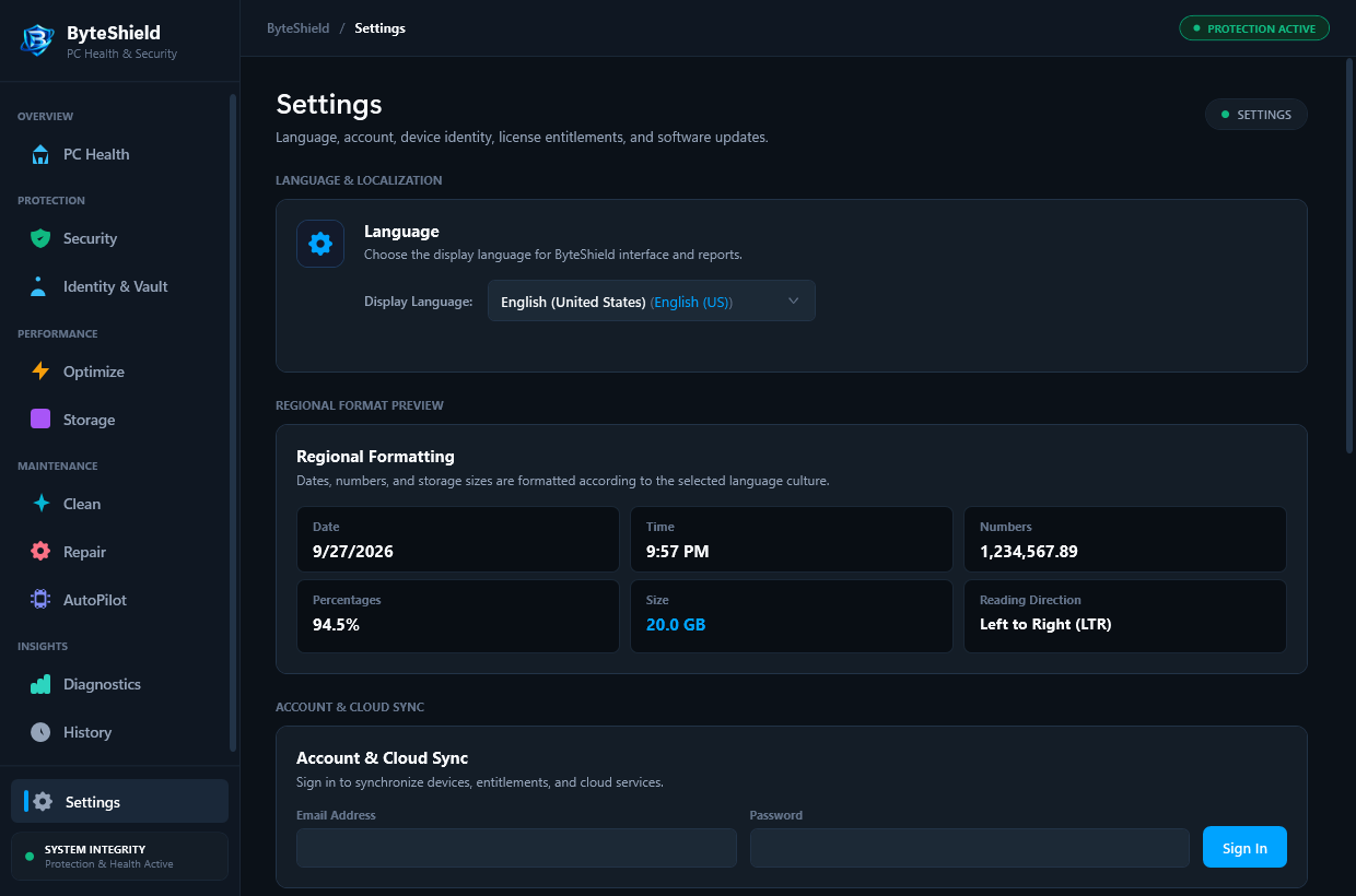 ByteShield System Specifications and Settings UI