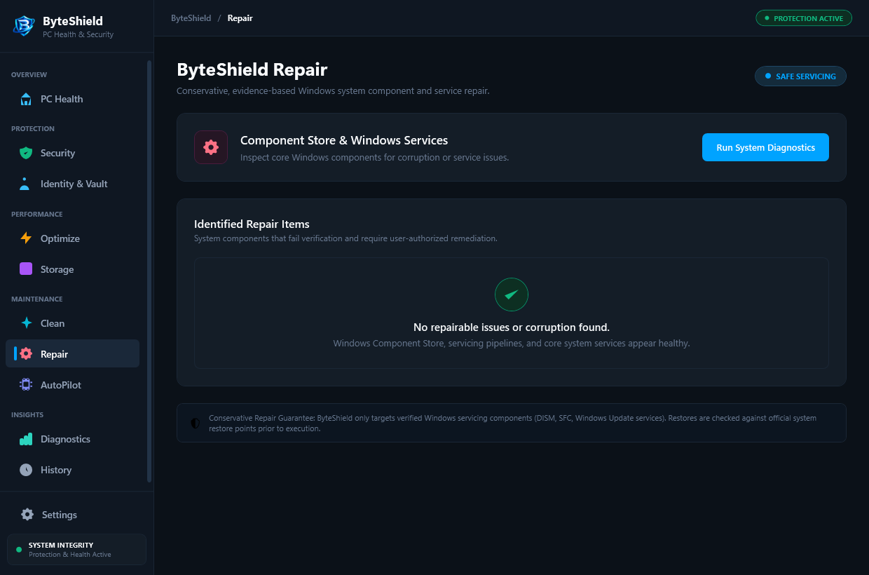 ByteShield System Repair and Recovery Module UI