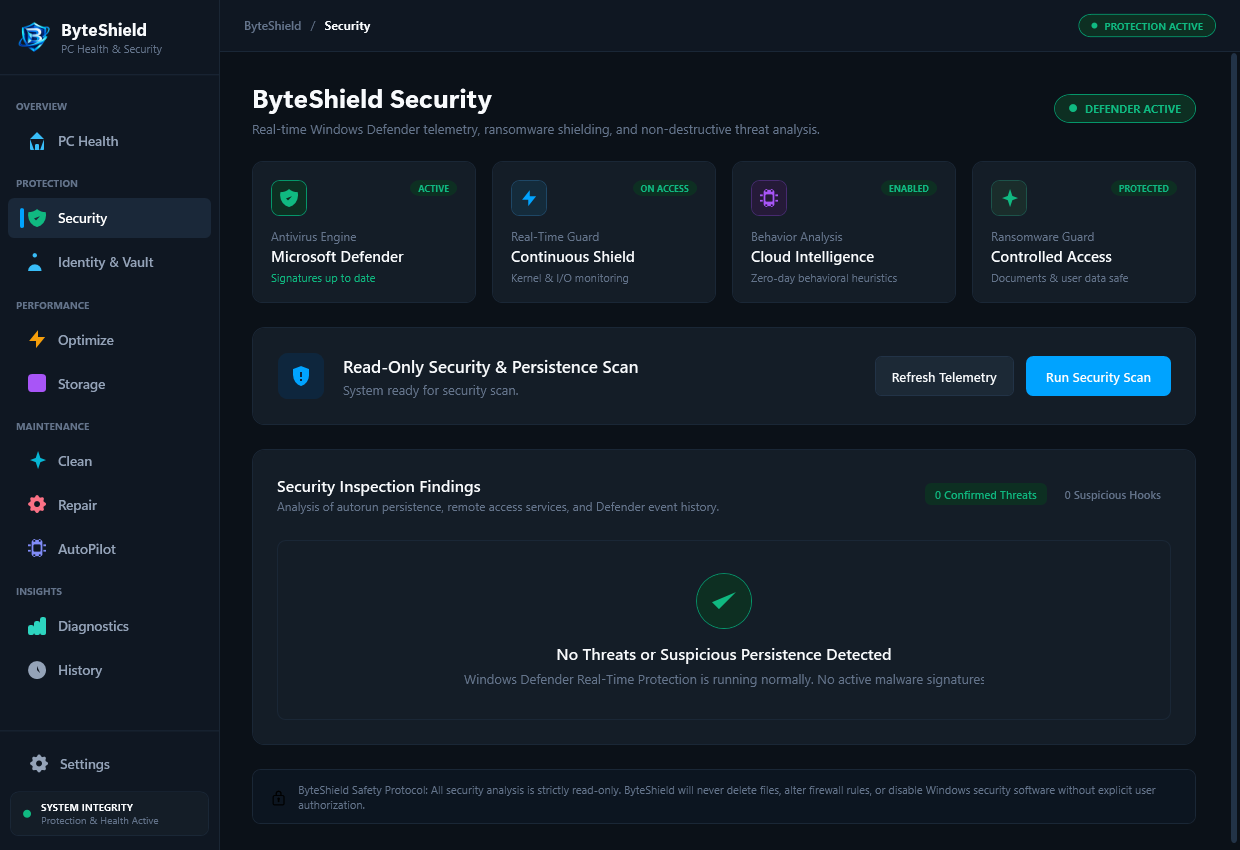 ByteShield Security Center Interface