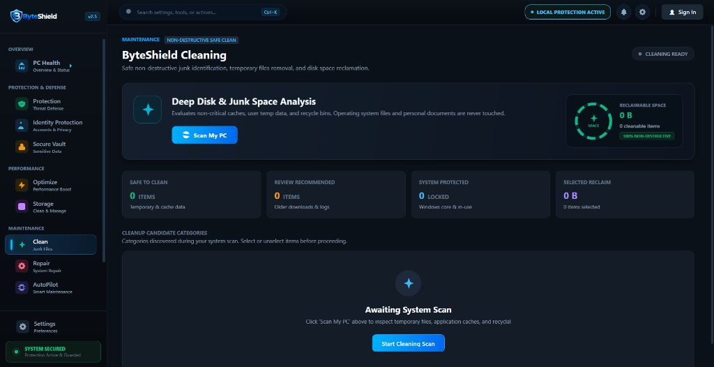 ByteShield v2.5 Deep Disk & Junk Space Cleaning Interface