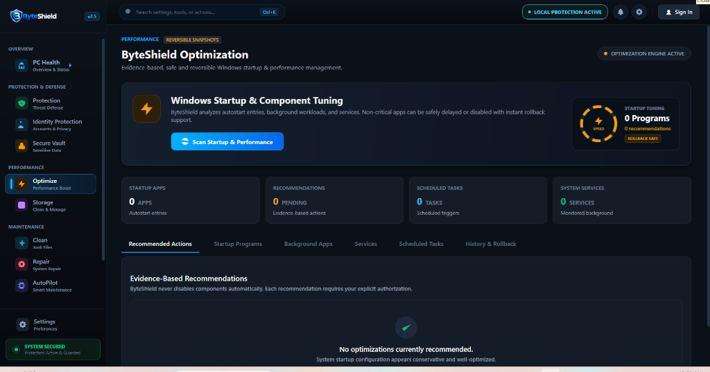 ByteShield v2.5 Windows Startup and Component Tuning Screen