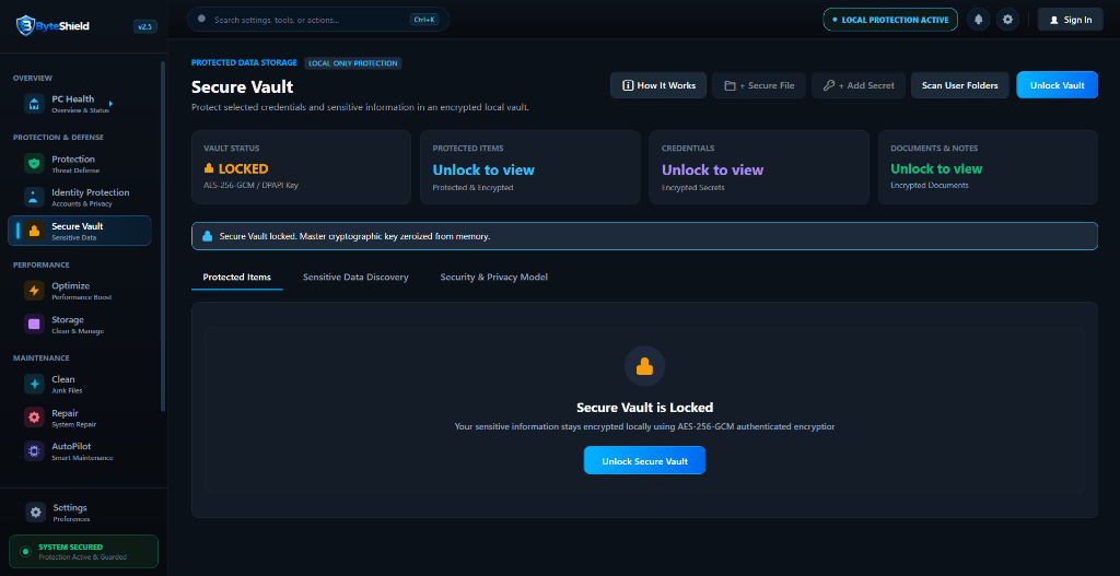 ByteShield v2.5 Secure Vault Locked State Screen